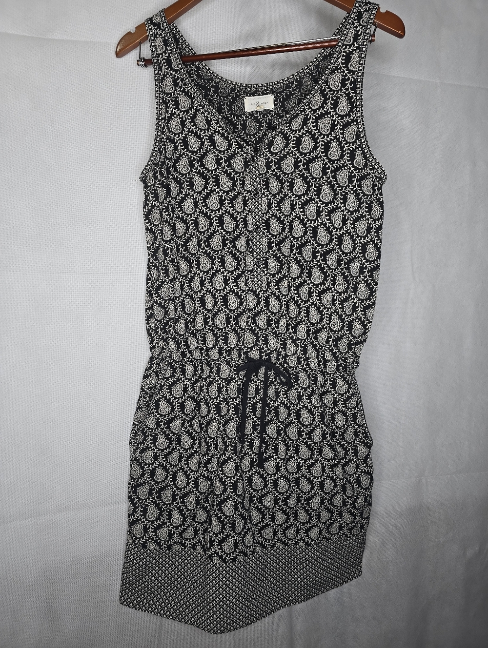 Lou & Grey Paisley Dress Black White Sleeveless Tie Waist Button Front S